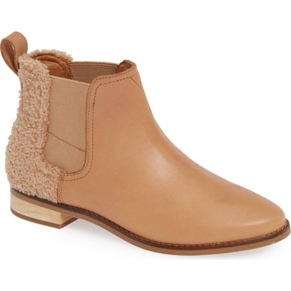 Tom’s Ella Honey Tan Leather and Shearling Chelsea Ankle Boot Size 6.5